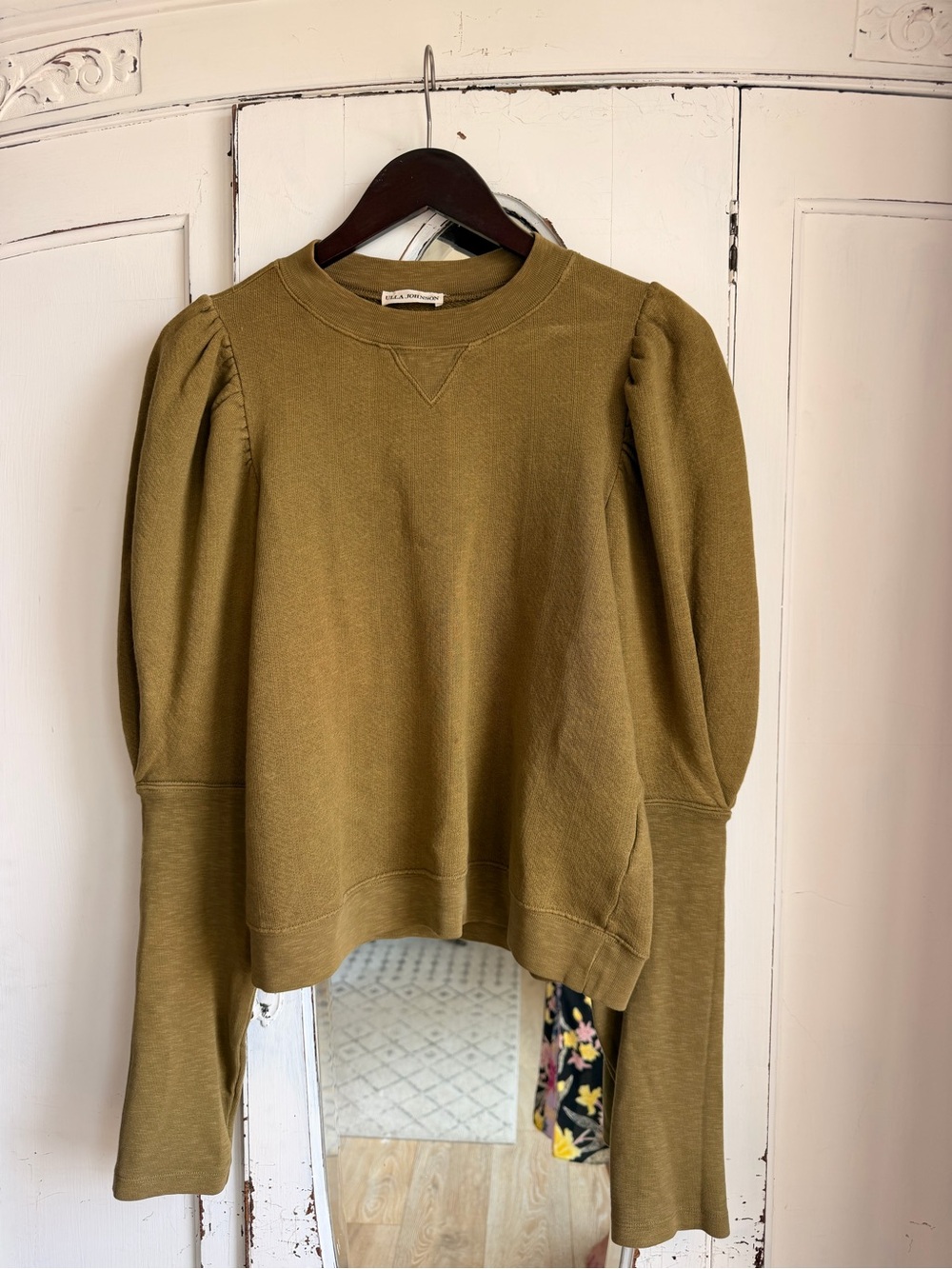 Ulla Johnson Olive Green Puff-Sleeve Crewneck Sweater